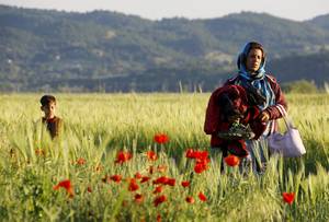Ακολουθώντας τη ζωή – Μία Αφγανή και το παιδί της διασχίζουν ένα χωράφι κατάφυτο από κόκκινες παπαρούνες. Ήταν Μάιος και η Άνοιξη γιόρταζε σε αυτή τη γωνιά της μακεδονικής γης (Ειδομένη, 13 Μαΐου 2015)