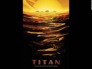 «Τιτάνας, εικονογραφημένος από τον Joby Harris»: Ο Τιτάνας, το μεγαλύτερο φεγγάρι του Κρόνου, έχει μια επιφάνεια γεμάτη από ποτάμια και λίμνες υγρού αιθανίου και μεθανίου.