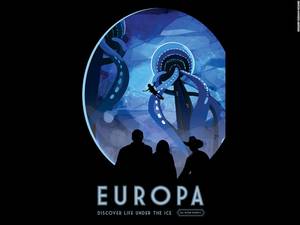 «Ευρώπη, εικονογραφημένη από τη Liz Barrios De La Torre»: Στο παγωμένο φεγγάρι του Δία, Ευρώπη, υποστηρίζεται πως υπάρχει ένας μεγάλος ωκεανός από θαλασσινό νερό, ο οποίος έχει διπλάσιο όγκο από τους ωκεανούς της γης.