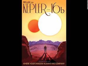 «Kepler-16b, εικονογραφημένος από τον Joby Harris»: Ο εξωηλιακός πλανήτης Kepler-16b χαρακτηρίζεται ως το μέρος με τους δύο ήλιους λόγω των διδύμων τροχιών που αντικατοπτρίζονται πάνω του.
