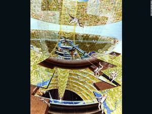 Ο Davis απεικονίζει ένα πλήρωμα κατασκευής να στήνει σπίτια, γρασίδι και ποτάμια στο Bernal Sphere.