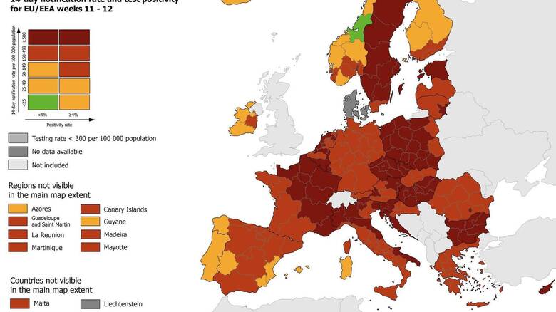 Κορωνοϊός - Χάρτης ECDC: Στο «κόκκινο» παραμένει η Ελλάδα – Αυξήθηκε ο δείκτης θετικότητας