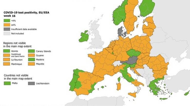 Κορωνοϊός - Χάρτης ECDC: «Πράσινη» παραμένει η Ελλάδα στο δείκτη θετικότητας