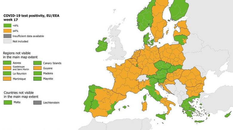 Κορωνοϊός - Χάρτης ECDC: «Πράσινη» για τρίτη εβδομάδα η Ελλάδα στο δείκτη θετικότητας