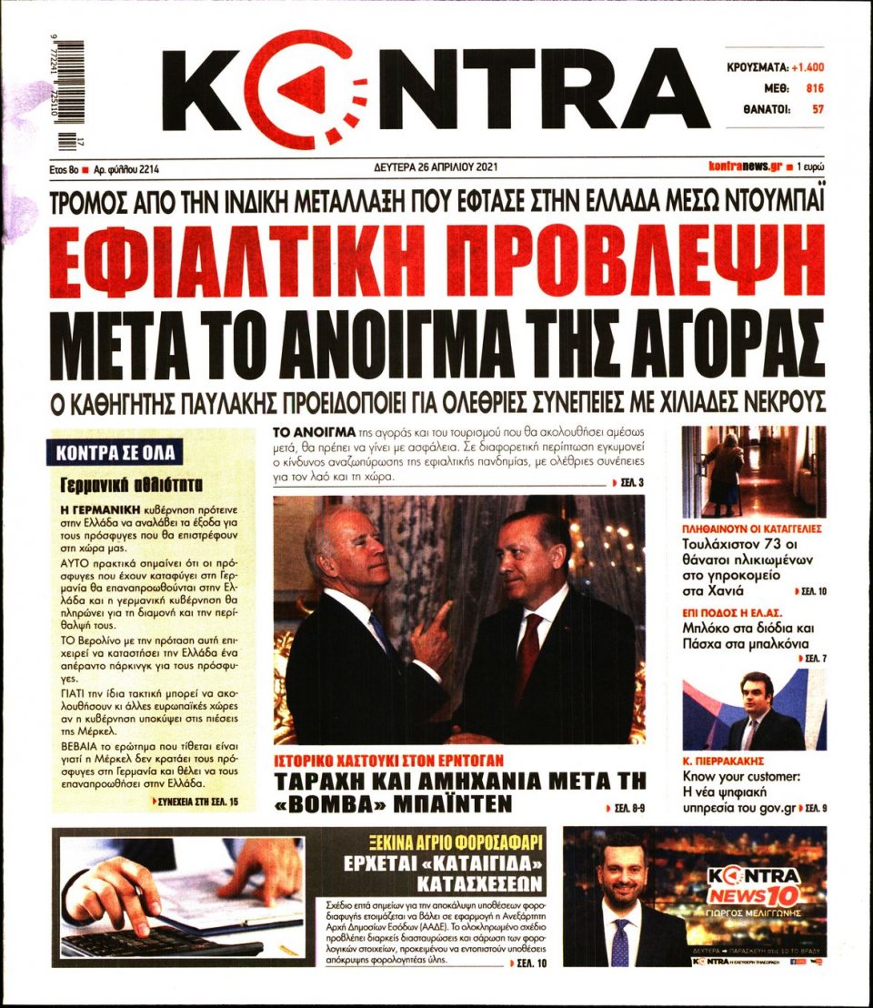 Πρωτοσέλιδο Εφημερίδας - KONTRA NEWS - 2021-04-26
