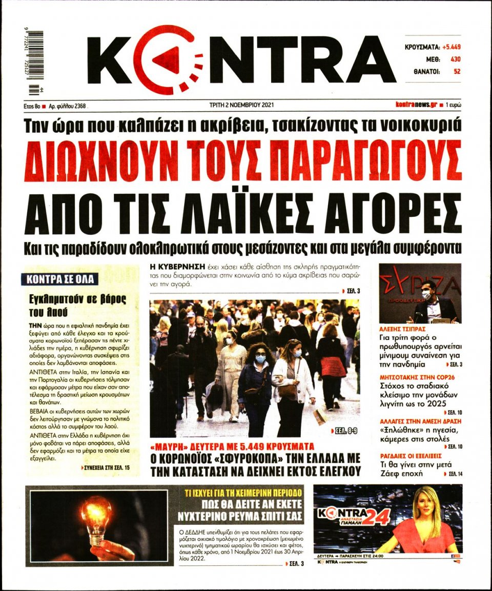 Πρωτοσέλιδο Εφημερίδας - KONTRA NEWS - 2021-11-02