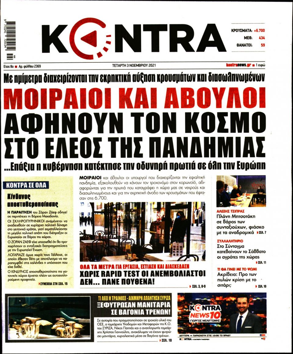 Πρωτοσέλιδο Εφημερίδας - KONTRA NEWS - 2021-11-03
