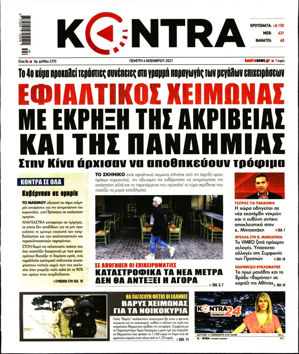 Πρωτοσέλιδο Εφημερίδας - KONTRA NEWS - 2021-11-04