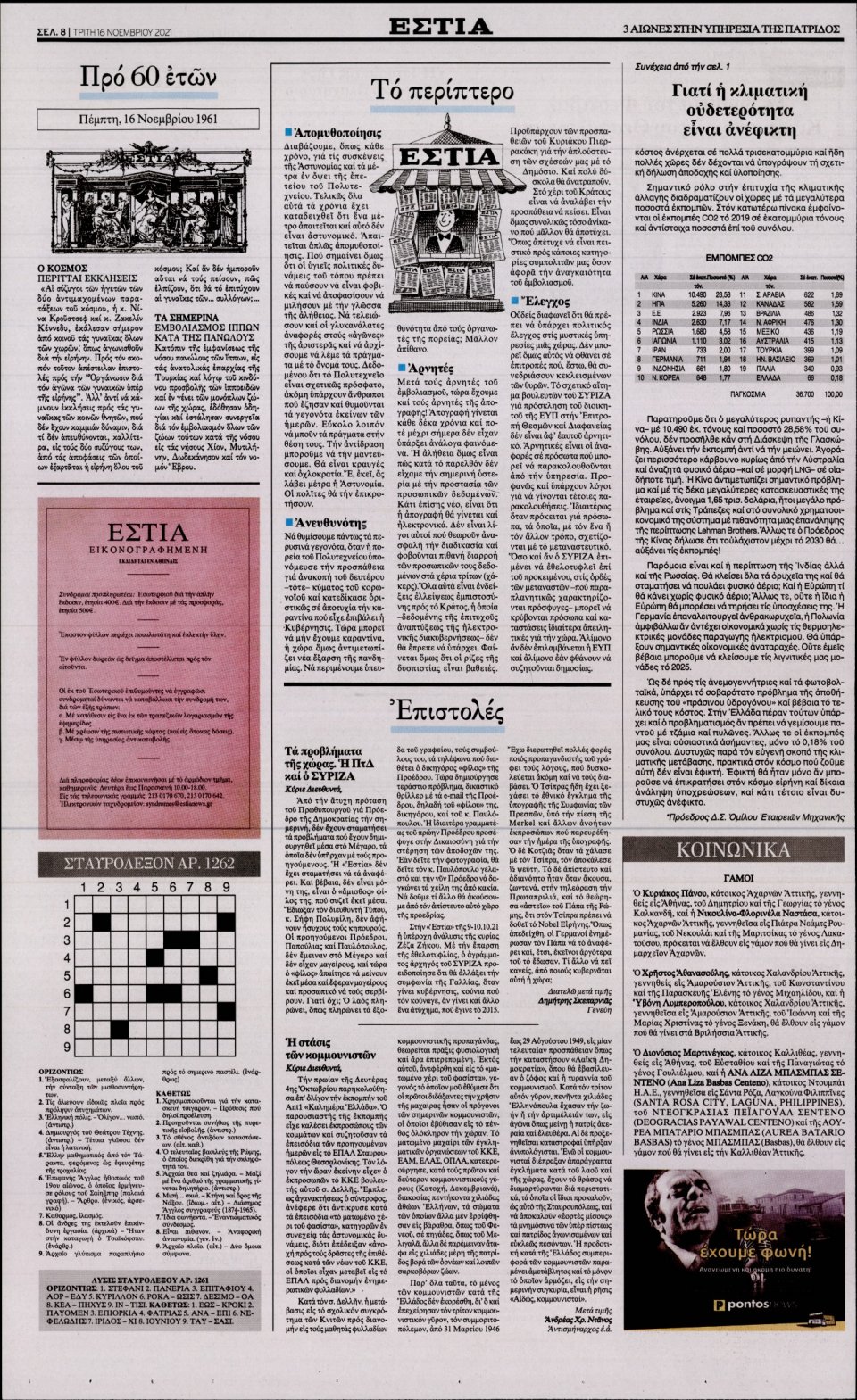 Οπισθόφυλλο Εφημερίδας - Εστία - 2021-11-16