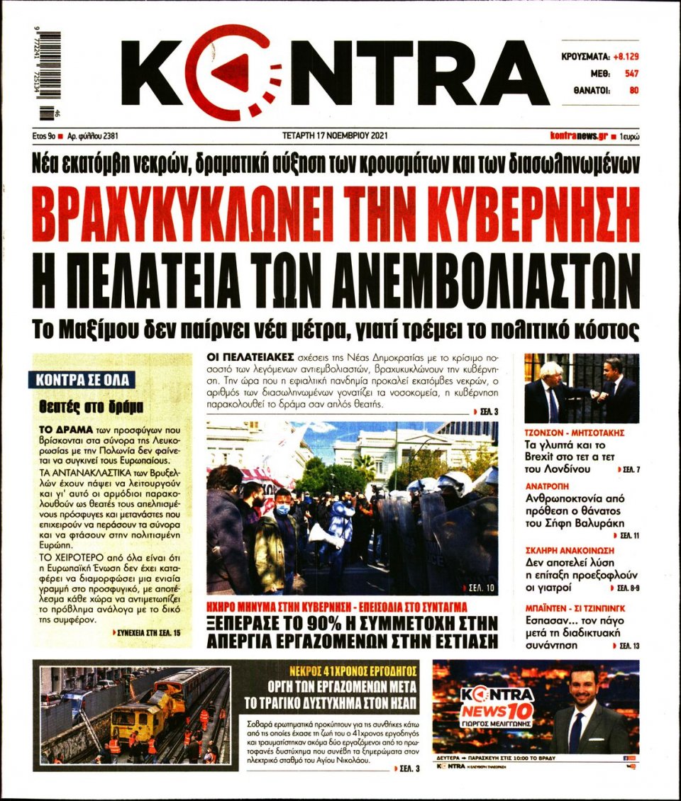 Πρωτοσέλιδο Εφημερίδας - KONTRA NEWS - 2021-11-17