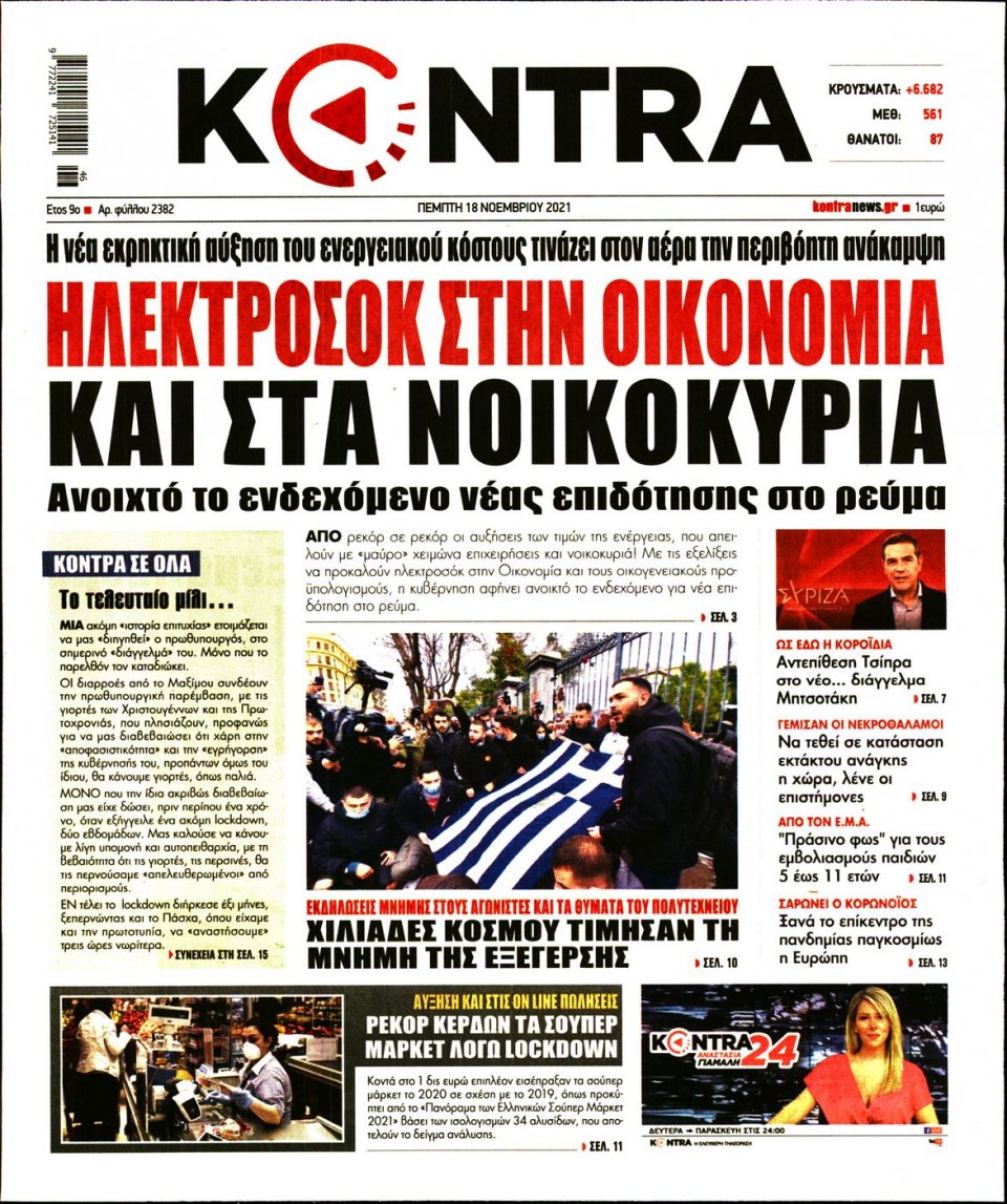 Πρωτοσέλιδο Εφημερίδας - KONTRA NEWS - 2021-11-18