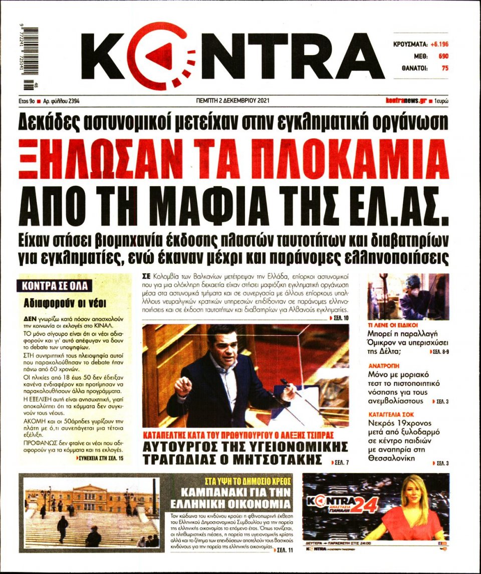 Πρωτοσέλιδο Εφημερίδας - KONTRA NEWS - 2021-12-02