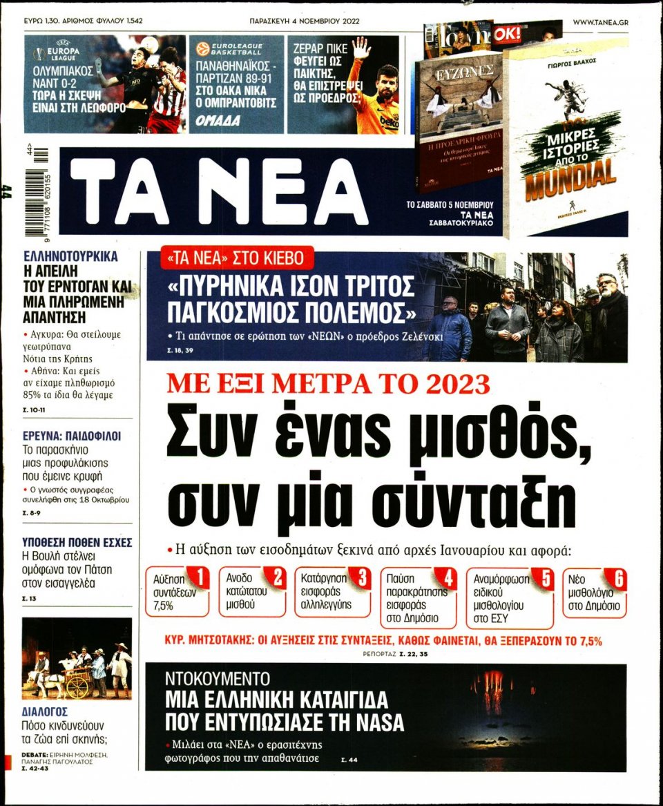 Πρωτοσέλιδο Εφημερίδας - Τα Νέα - 2022-11-04