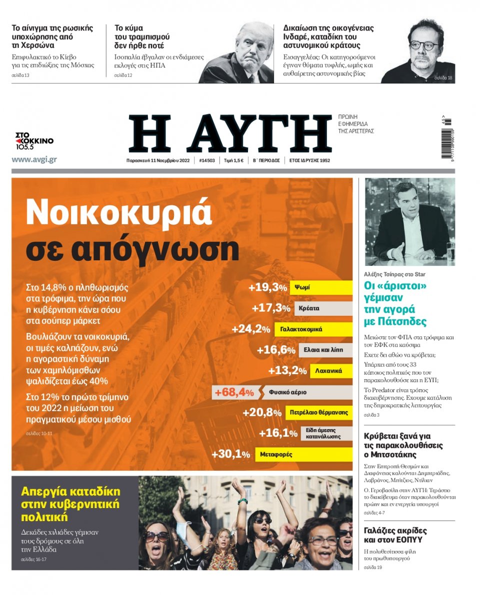 Πρωτοσέλιδο Εφημερίδας - Αυγή - 2022-11-11