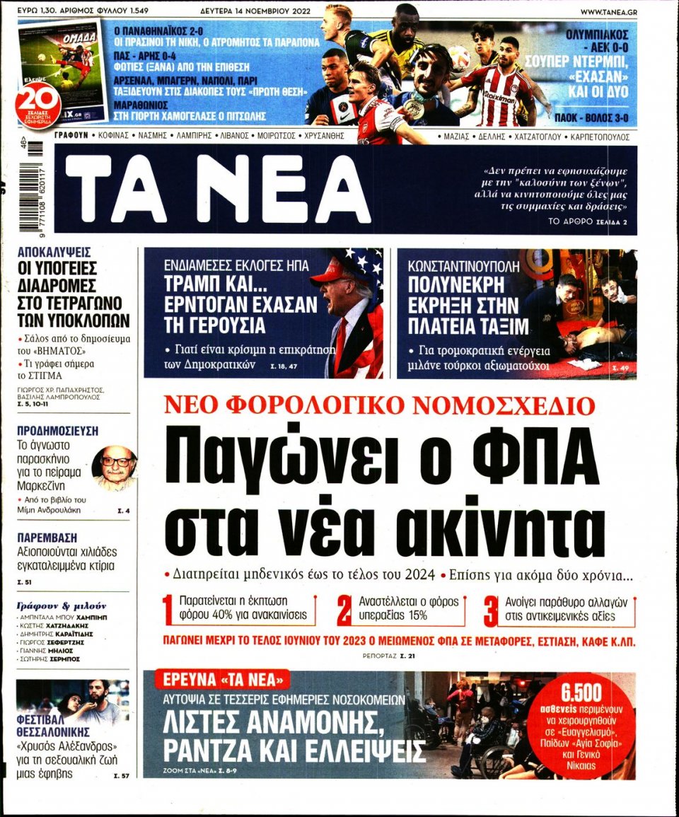 Πρωτοσέλιδο Εφημερίδας - Τα Νέα - 2022-11-14