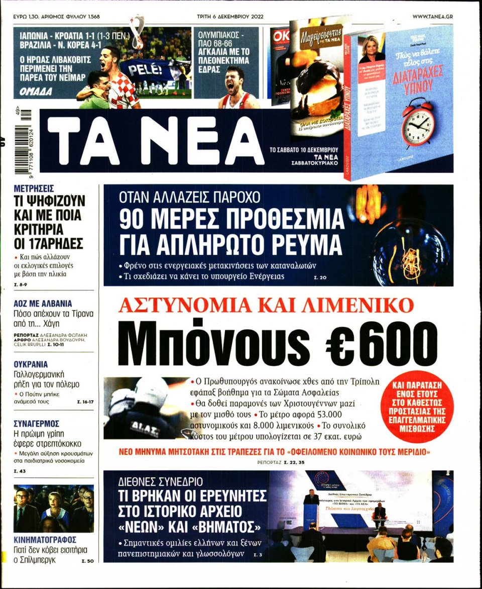 Πρωτοσέλιδο Εφημερίδας - Τα Νέα - 2022-12-06