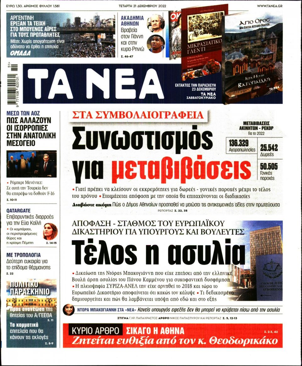 Πρωτοσέλιδο Εφημερίδας - Τα Νέα - 2022-12-21